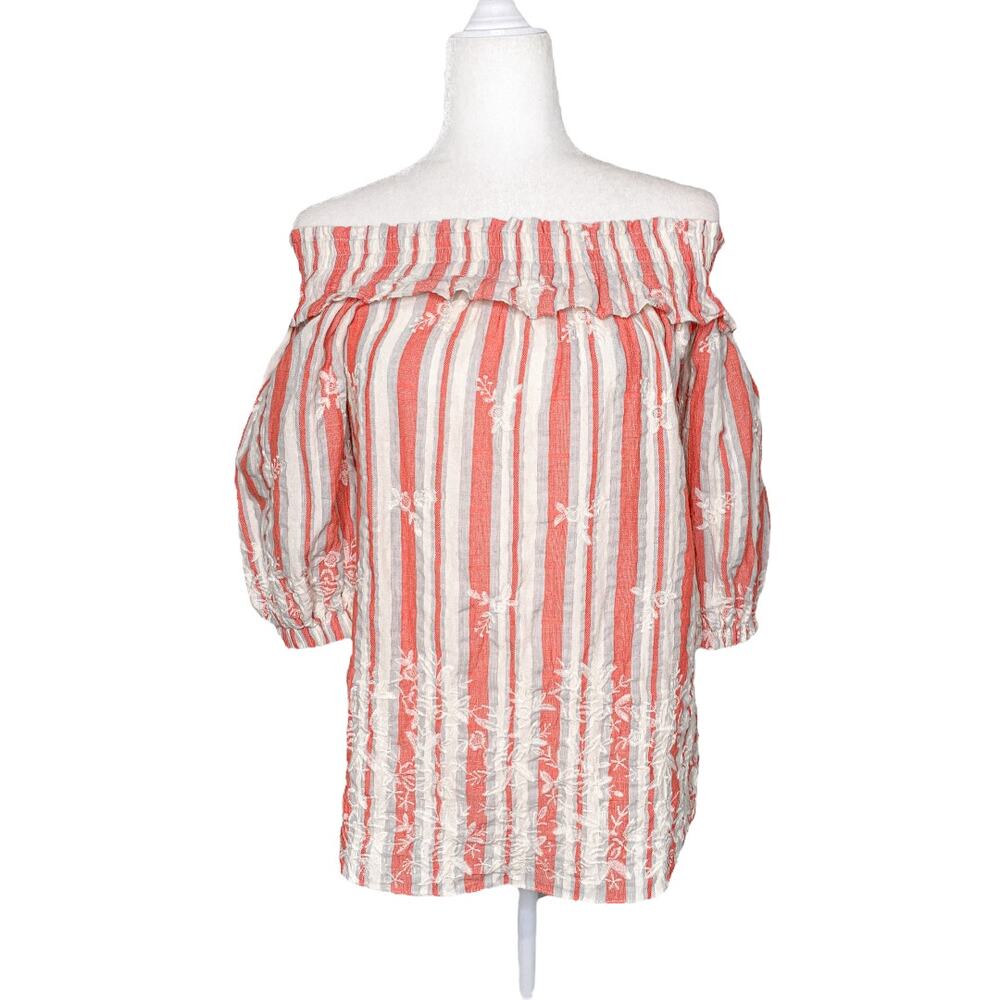 MISA Los Angeles Boho Striped Off-Shoulder Embroidered Blouse Small
